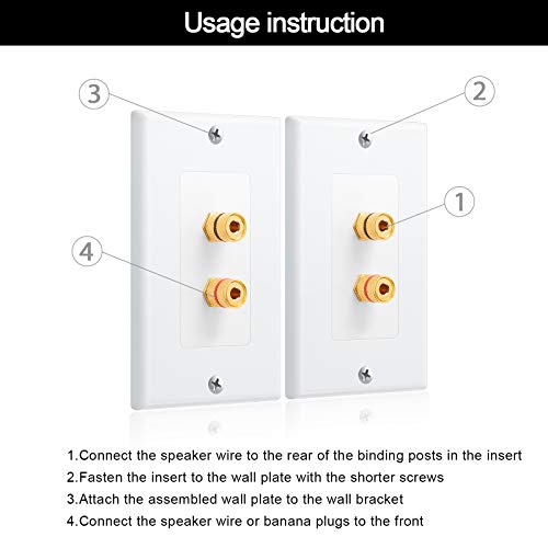 Image of Weewooday 4 Pcs Speaker Wall Plate Gold Plated 2 Connector Banana Plug Wall Plate for in-Wall Speaker Wire, Surround Sound & Audio Systems