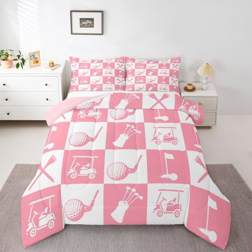 Image of Feelyou Golf Comforter Set Full Size Pink White Plaid Buffalo Check Geometric Bedding Set for Kids Boys Girls Sports Theme Duvet Quilt Bedroom Decor Microfiber 3 Pcs with 2 Pillow Cases