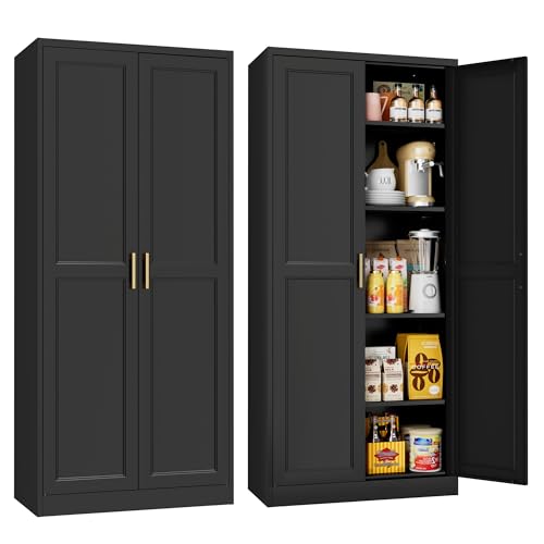 71' Tall Kitchen Storage Cabinet with Gold Handles, Metal Pantry Cabinet with 2 Doors, Adjustable...