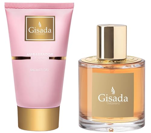 Gisada Switzerland Womens Eau De Parfum Fragrance, Perfume + Cologne for Women 100mL + Moisturizing Shower Gel, Liquid Body Soap 100mL, 2 pack bundle, Ambassador Women
