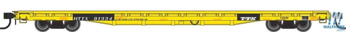 Walthers Mainline HO Scale 1/87 60' Pullman-Standard Flatcar - Ready to Run - Trailer Train HTTX #91621 (Heavy Duty Loading; Yellow, Black)