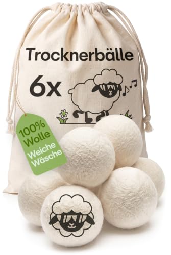 Praknu Trocknerbälle Wolle für Wäschetrockner 6er Set - Weiche Flauschige Wäsche - 100% Öko Schafwolle - Energie sparen - Ideal für Daunen - Wool Dryer Balls aus Schafwolle