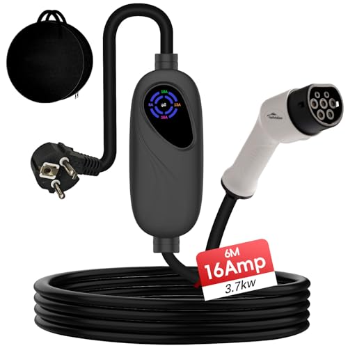 TopAutoGear Ladekabel Elektroauto Typ 2 schuko - 3 7kW 1-Phase [6m 8-16A] Mobiles Ladegerät - Kompatibel mit Model 3/Y ID.3/4/5 MG4 Q4 GLA Zoe und weiteren E-Autos & Plug-in-Hybriden