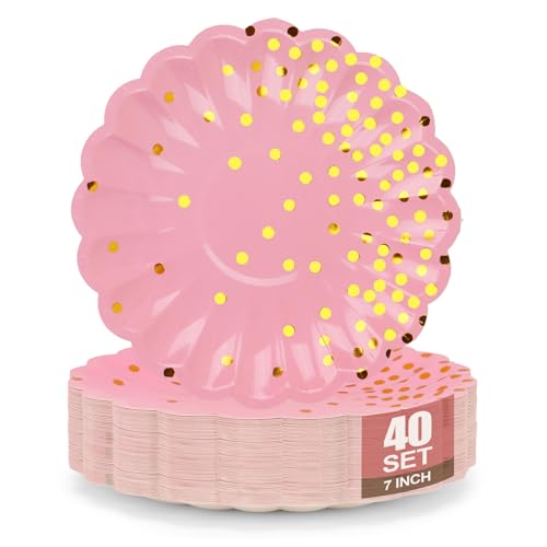 CENLBJ Pink and Gold Paper Plates for Party,40Pcs 7inch Dessert Plates