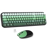 Wireless Keyboard and Mouse Combo, MOWUX Compact Typewriter Retro Round Computer Keyboard, Cute Optical Mouse Wireless, Plug and Play, for Laptop, PC, Computer- Black Green Gradient