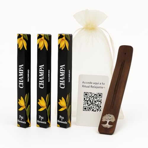 Incienso Natural Aroma Champa con Quemador de Madera e invitación a Ritual Relajante con Playlist Ideal para meditación Yoga y ambientar tu casa con 60 Varillas en 3 Paquetes