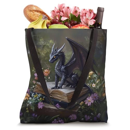 Bolso Tote Fantasía Dragón con Libros y Flores miniatura 4