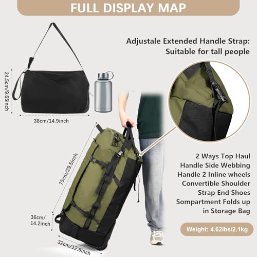 Rolling Duffle Bag with Wheels,86L 30”Folding Duffle Backpack with 2 Wheels,Travel Bag with Separate Shoe Compartment,Green4