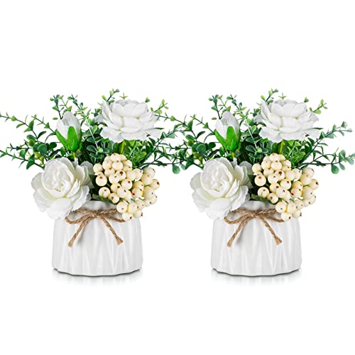 BLOSMON Decoracion de Mesa Flores Artificiales en Florero Pequeña Flor Falsa Blanco 2PCs Floral para mesas centros de Mesa Cocina Comedor Decoraciones Flor de imitación en florero Rosas de Seda