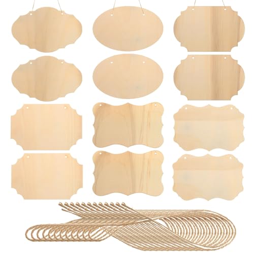 QUARKZMAN Artesanías de Madera Sin Terminar Letreros de Madera en Forma de Rectángulo con Cuerdas Letreros de Madera en Blanco para Pintar Escribir Colgar en Puertas 12 Piezas