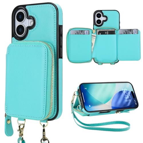 Bocasal RFID Blocking Wallet Case for iPhone 17, Adjustable Crossbody Zipper Purse Case Card Holder with Kickstand Detachable Wrist Strap, PU Leather Flip Folio Case 6.3 Inch 5G (Mint Green)