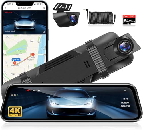 Jansite 4K Rear View Mirror Camera 2160P UHD 10' Mirror Dash Cam with 64G SD Card Front and Rear...