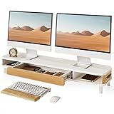 Fenge Monitor Stand with Large Drawer, 42.5 Inch Dual Monitor Riser for 2 Monitors, Ergonomic Computer Desk Shelf with Soft Touch Leather & Storage Organizer for Laptop, Computer, TV, PC, Printers