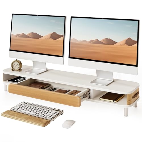 Fenge Monitor Stand with Large Drawer, 42.5 Inch Dual Monitor Riser for 2 Monitors, Ergonomic Computer Desk Shelf with Soft Touch Leather & Storage Organizer for Laptop, Computer, TV, PC, Printers