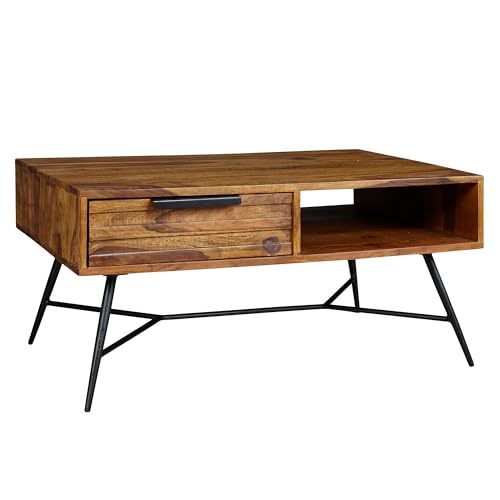 FineBuy Couchtisch Nishan 87 x 41 x 55 cm Sheesham Massiv Holz, Design Holztisch mit Stauraum und Schublade, Massivholztisch Wohnzimmer, Retro-Industrial Wohnzimmertisch mit Metallbeinen Braun