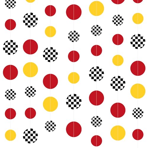 Image of Racing Car Party Decorations Yellow Red Circle Dot with Checkered Printed Polka Dots Garland Streamer for Race Fans Birthday Wedding Shower Let's Go Racing Party Decor Supplies