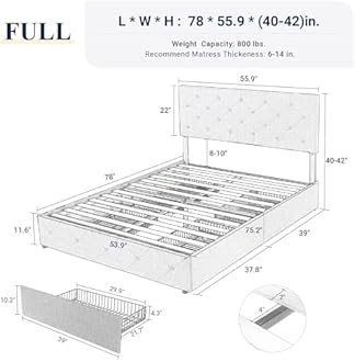 Allewie Upholstered Full Size Platform Bed Frame with 4 Storage Drawers and Headboard, Diamond Stitched Button Tufted Mattress Foundation with Wooden Slats Support, No Box Spring Needed, Light Grey