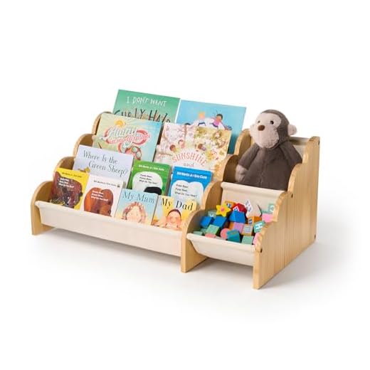 Puricon 4-Tier Wooden Bookshelf with Storage, Front-Facing Sling Bookcase Organizer with Wavy Edge, Perfect for Playroom, Bedroom & Classroom -Beige