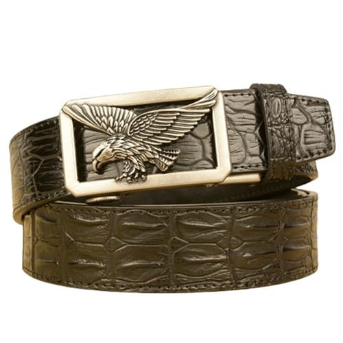 Men's Leather Ratchet Belt With Carved Silver Hollow Eagle Buckle, Adjustable For Jeans Casual & Work