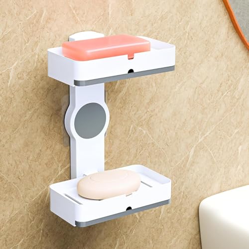 Image of Plastic Self-Adhesive Double Layers Soap Holder for Bathroom Wall with Removable Drain Tray | No Drill Stickable Soap Stand for Kitchen Sink | White