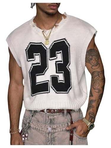 Floerns Men's Number Print Distressed Vest Sweater Crew Neck Sleeveless Knit Pullovers