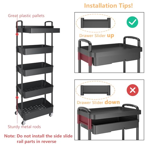 Image of Calmootey 5-Tier Utility Cart with Drawer & Wheels, Storage for Home,Office | Space-Saving Organizer, Sturdy Plastic Shelves, Smooth-Rolling Metal Wheels, Built-in Drawer for Small Items, Black
