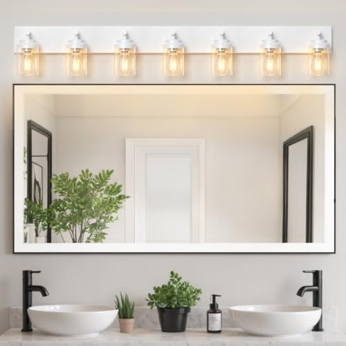 Image of IZORRO Bathroom Light Fixture White, Clear Glass Shade 52-Inch 7-Light | Bathroom Light Fixtures Over Mirror, Modern Farmhouse Vanity Lights, Rustic Restroom Lighting Fixtures