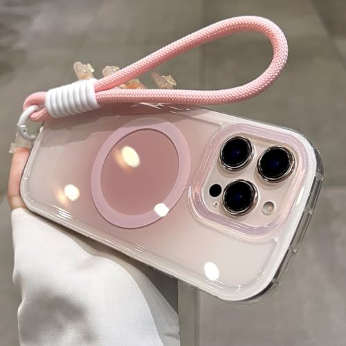 Coque iPhone 15 antichoc rose avec cordon magnétique et dragonne dégradée tendance