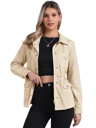 Allegra K Women's Utility Jacket Zip Up Drawstring Waist Coat with Pockets