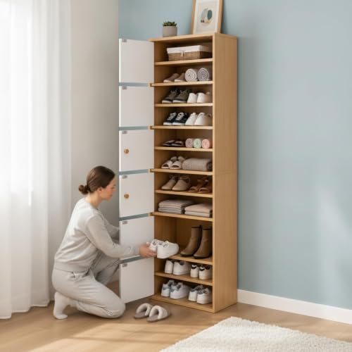Image of Mevigo-Wooden Shoe Rack with 5-Door -Tall Shoe Cabinet with Doors, 9-Tier Freestanding Shoe Storage Organizer for Entryway, Engineered Wood Shoe Stand Cabinet, Space-Saving Narrow Shoe Rack Wooden