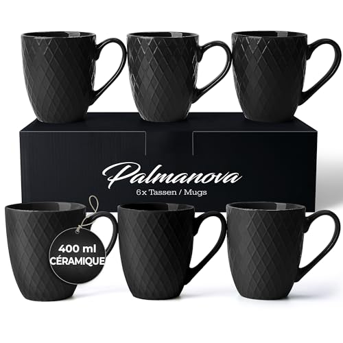 MIAMIO - 6 x 400 ml - Set de tasses à café/tasse - Tasse en céramique moderne Matt - Tasse à café grande taille - Collection Palmanova (Noir)