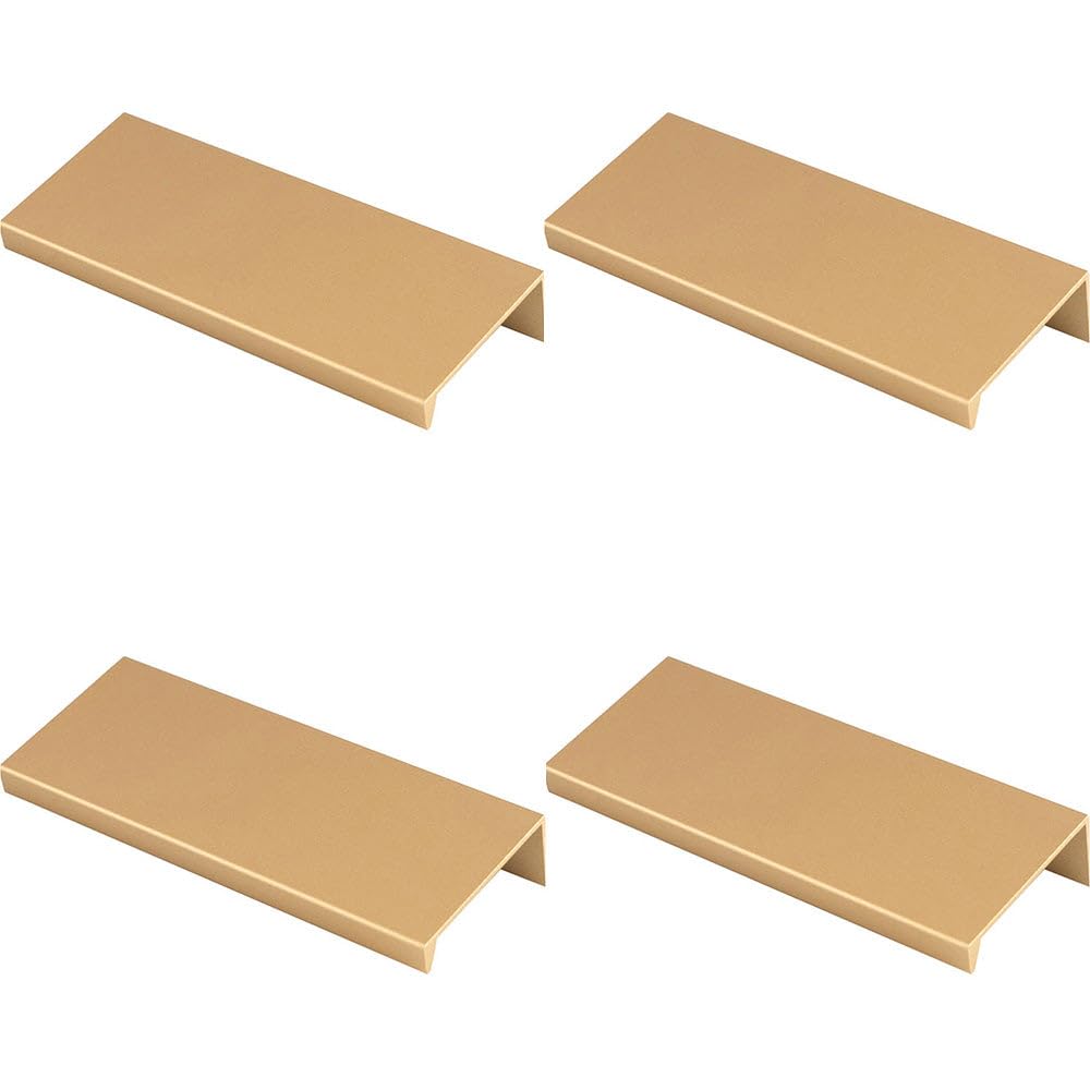 Loops Satin Brass 4 Pack - Square Edge Finger Pull Handle - 100Mm - Slim Cupboard Drawer
