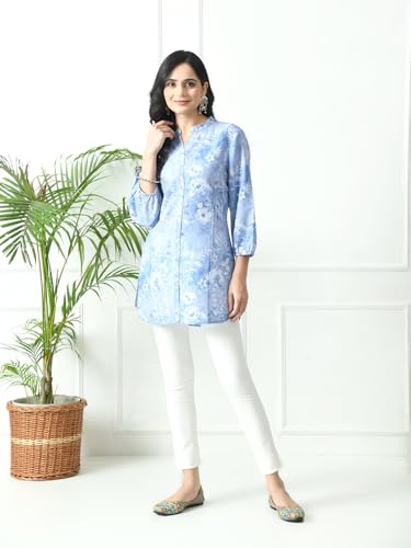 Image of Meesan Women's Mandarin Collar Printed 3 /4th Sleeves Tunic