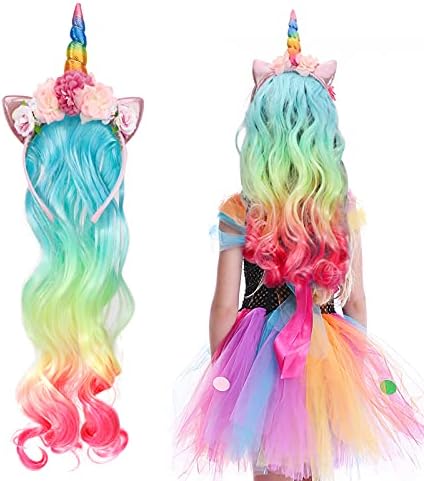 Hifot Unicorn Headband Curly Wig for Girls, Rainbow Flower Birthd...