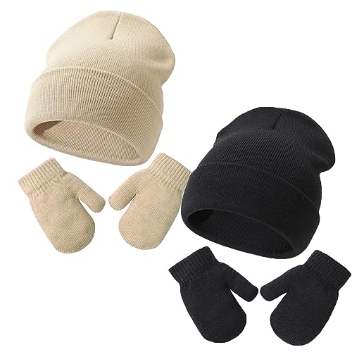 Image of Baby Beanie Hat Gloves Set, Kids Winter Warm Knit Hat with glvoes,Toddler Soft Beanie for Little Boys Little Girls Children