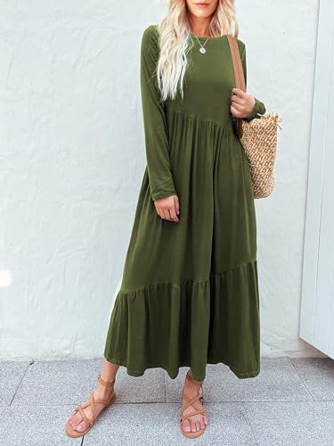 Image of Mieazom Women's Long Sleeves Maxi Dress Casual Loose Tiered Flowy Swing Beach Long Dresses with Pockets