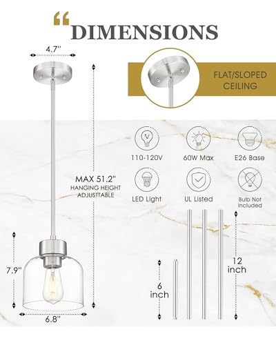 Image of 2-Pack Brushed Nickel Kitchen Pendant Lights, 7 inch Clear Glass Shade