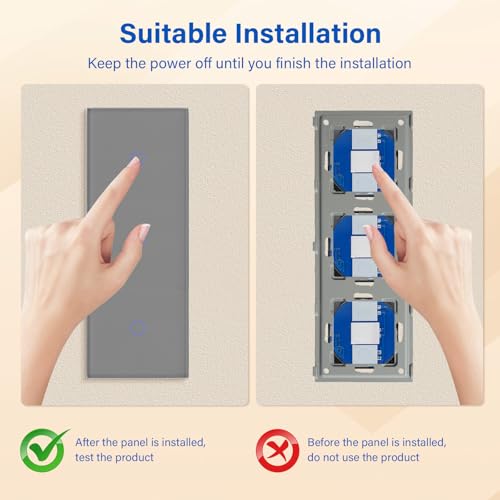 BSEED Touch Lichtschalter Dreifach 1 Fach 2 Wege Glas Lichtschalter Grau Led Touch Schalter Touchscreen Funktioniert mit LED Lampe 228mm EU Standard