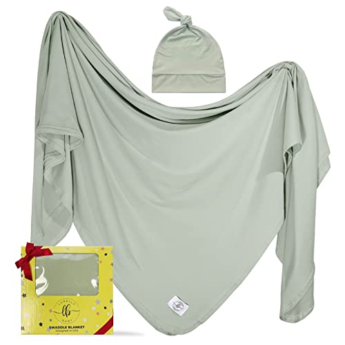 Image of LUBELLA SUPPLY COMPANY Large Stretchy Swaddle Blankets 47" - Newborn Bamboo Swaddle and Hat Set - Jersey Receiving Baby Blanket for Boys & Girls - Soft Stretch Infant Wrap 0-3 Months (Mint Green)