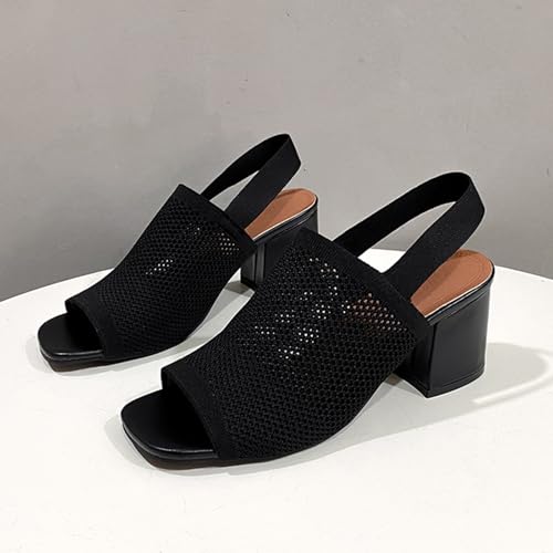 Women's Knit Peep Toe Chunky Block Heeled Sandals with Ankle Strap Fashion Cut Out Open Square Toe Backless Slip On High Heels Summer Casual Work Office Wedding Dressy Pumps2