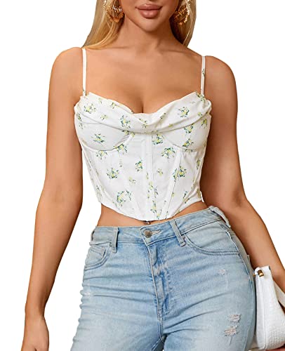 Courecrop Women's Floral Corset Top Spaghetti Straps Bustier Y2K Fashion Zip Back Crop Tops #TOP13