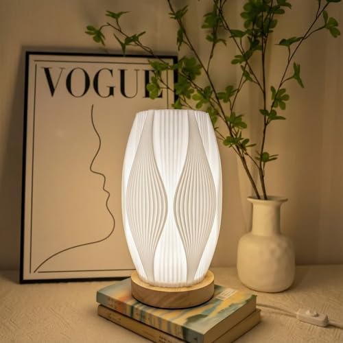 Image of Small Bedside Lamp for Nightstand, 3D Printed Mini Table Lamp, 3 Color Temperatures Warm to Cool White, Cozy Small Lamp for Bedroom Dorm Tight Spaces, Ash Wood Base, 8.8 Inch Tall - Flame