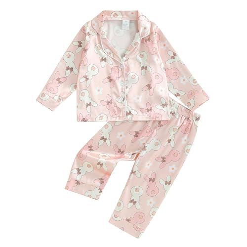 OikMombiu Toddler Baby Girl Boy Fall Pajamas Bunny Print PJs Sets Button Up T Shirt + Pajama Pants Christmas Easter Pajamas (Cute Bunny Pink, 4-5 Years)