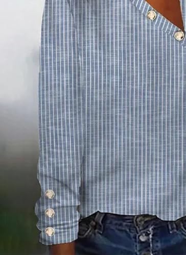 Women's Casual Tops Trendy Asymmetrical V Neck Long Sleeve T-Shirts 2025 Autumn Striped Button Down Office Blouses4