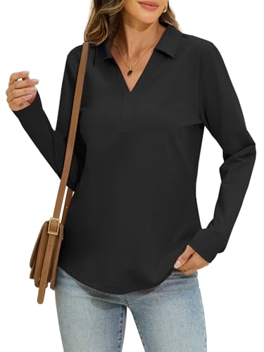 Womens Cotton Long Sleeve Polo Shirts Business Casual V Neck Collared Tops Loose Fit Work Blouses Fall Outfits 2025