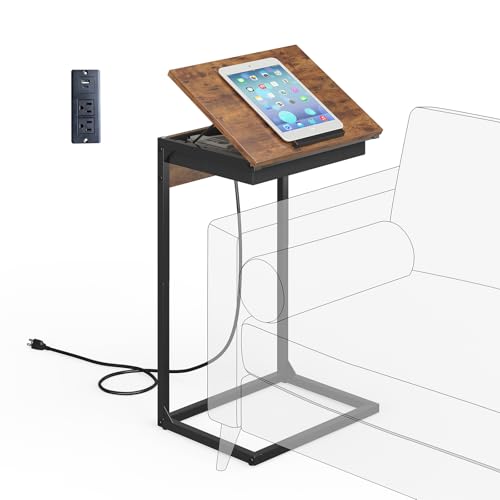 sthmec C Shaped End Table with Charging Station 45 Tiltable Adjustable Flip Top Table with Storage Small C Table for Small Spaces Slide Under Couch Sofa Bedside Table for Living Room Rustic Brown