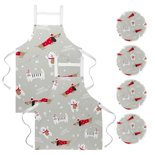 Lot de 2 tabliers de cuisine avec 4 broches motif chien chat ours multicolore