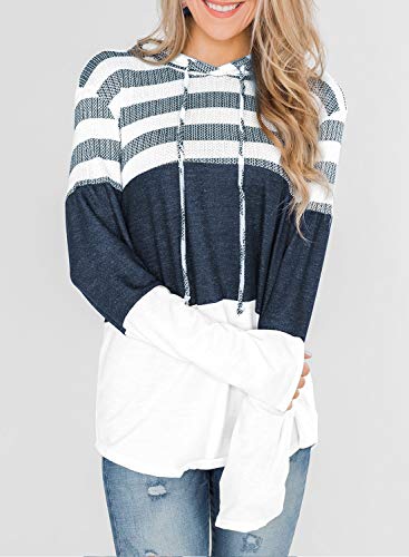 Lovezesent Womens Plus Size Casual Loose Long Sleeve Color Block Stripe Drawstring Hoodie Sweatshirt Pullover for Jeans White XXL