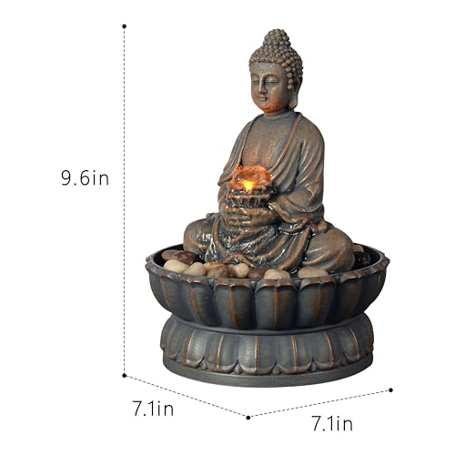 Image of Kalona Home Decor 9.6 inch Tabletop Fountain Exquisite Smile Sitting Buddha Fountains Desk Water Fountain Decorative Zen Fountain w /Reflective Lighting /Cobblestone Office and Home Decor(21125A)