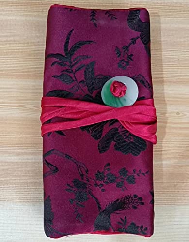 Only My Live Home Luxury Silk Brocade 3 Zipped Jewelry Bag Travel Jewellery Roll Drawstring Packaging Necklace Bracelet Ring Makeup Storage Pouches (Burgundy Flower Birds) #TOP30